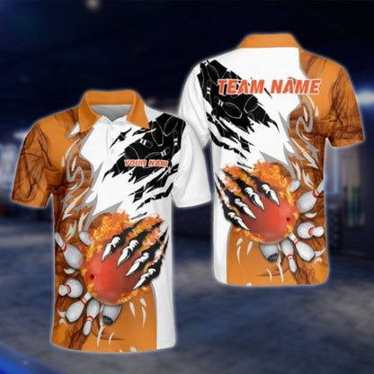 Custom Flame Orange White Mens Bowling Polo Shirt, Custom Flame Bowling Team Shirts BO0094 BOW0394
