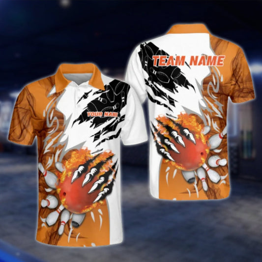 Custom Flame Orange White Mens Bowling Polo Shirt, Custom Flame Bowling Team Shirts BO0094 BOW0394