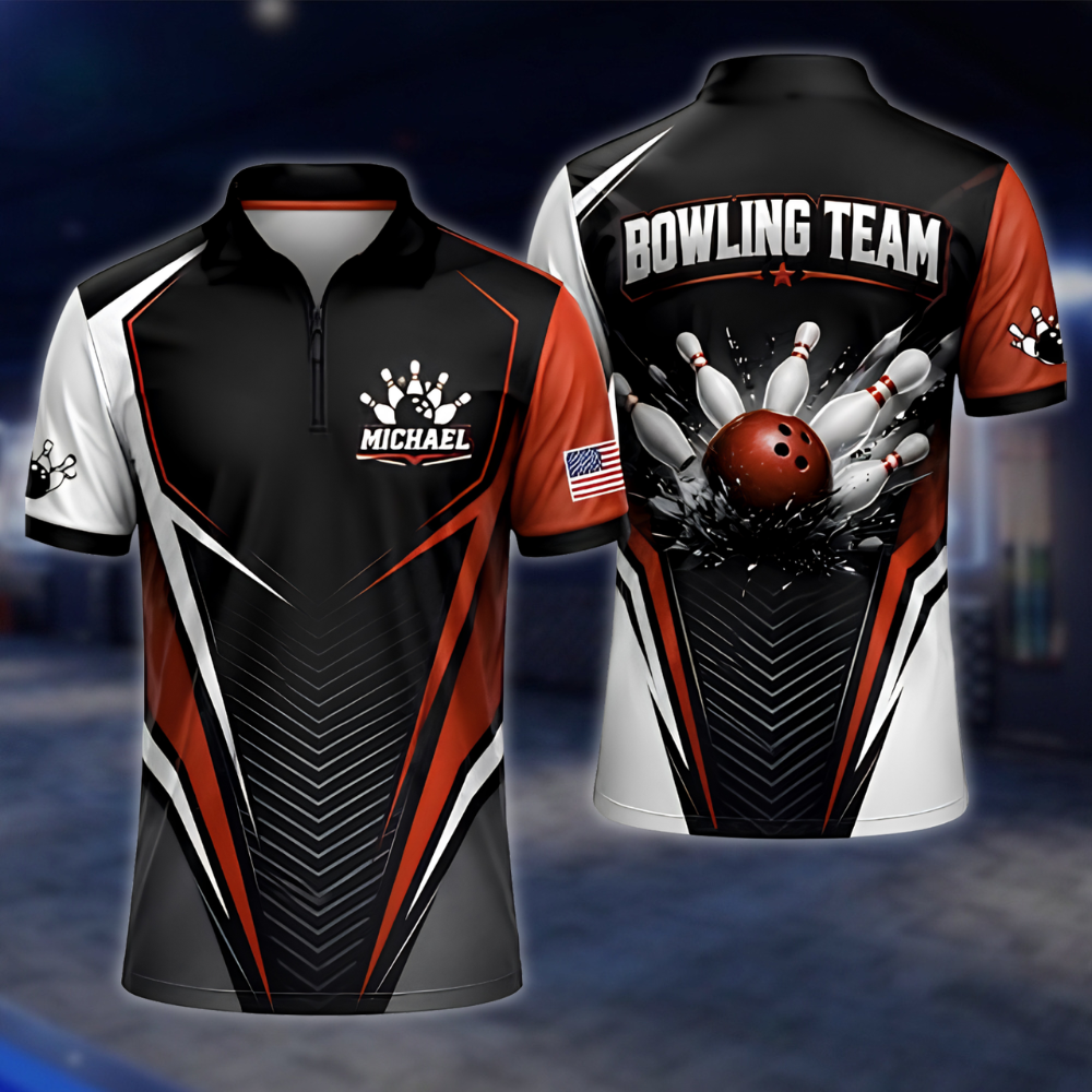 Personalized Black Red Bowling Team Jersey, Custom Mens Bowling Shirt BZ0872 BOW0074