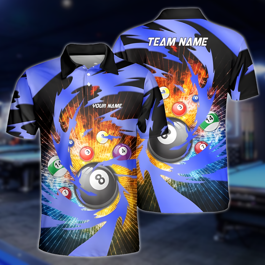 Custom Flame Black And Blue Billiard Polo Shirts For Men, Custom Billiard Team Shirts BLD0298