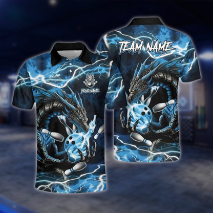 Personalized Dragon Men's Blue Thunder Bowling Polo Shirt, Custom Dragon Bowling Shirt Team BZ0921 BOW0020