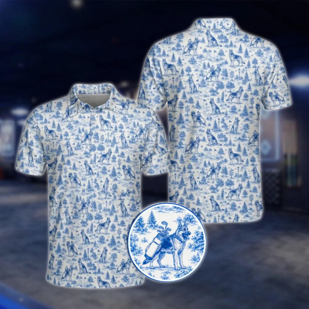 German Shepherd Vintage Mens Polo Shirt Blue White, German Shepherd Dog Golf Shirt Toile De Jouy GOF0033