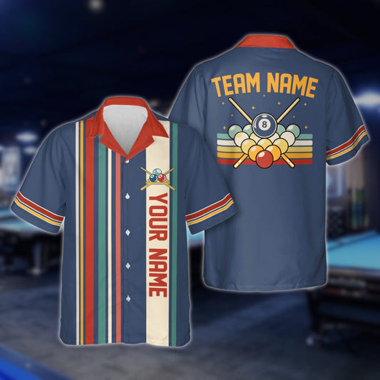 Custom Retro Blue Billiard Hawaiian Shirt For Men, Custom Retro Pool Billiards Team Shirts BLD0017