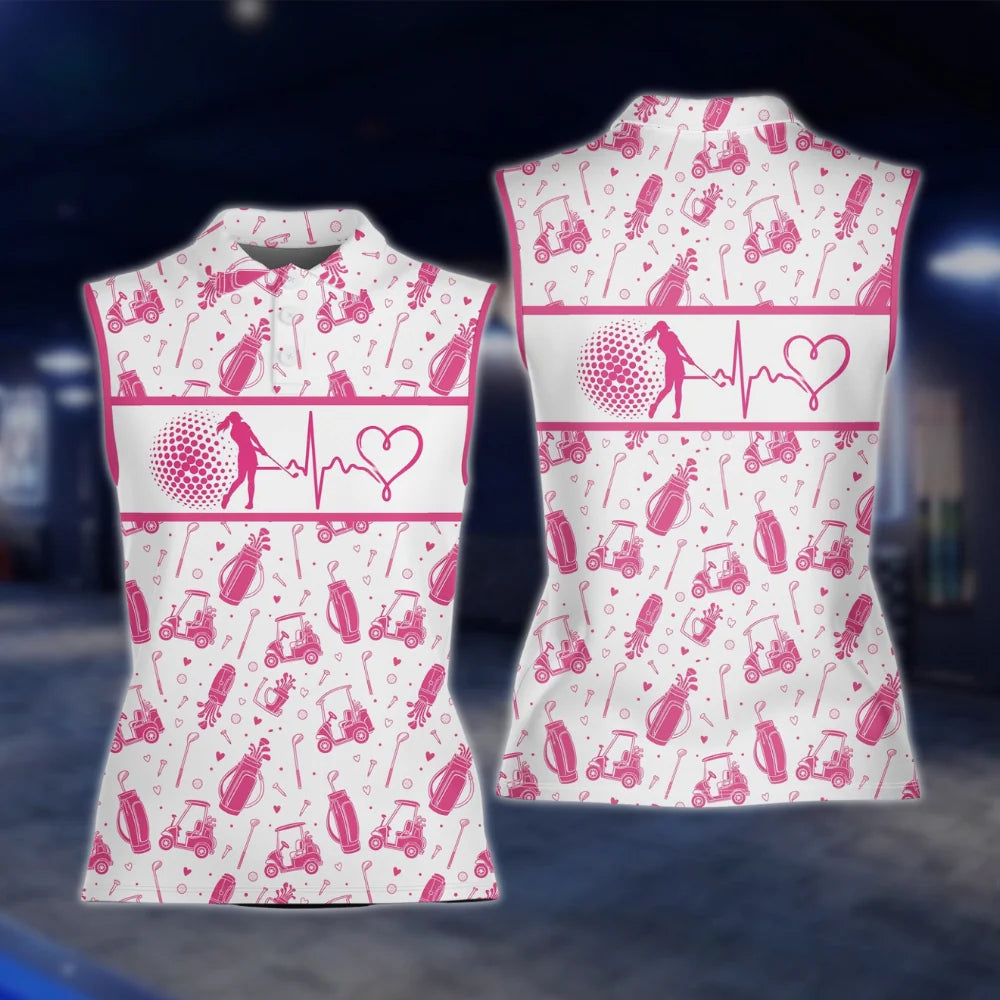 Heartbeat Golf Pattern Women's Golf Polo Shirt, White And Pink Womens Golf Shirt GOF0016