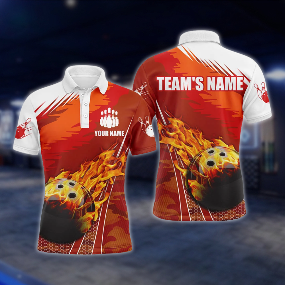 Personalized Flame Orange White Bowling Polo Shirt Mens, Custom Flame Bowling Team Shirts BZ0735 BOW0184