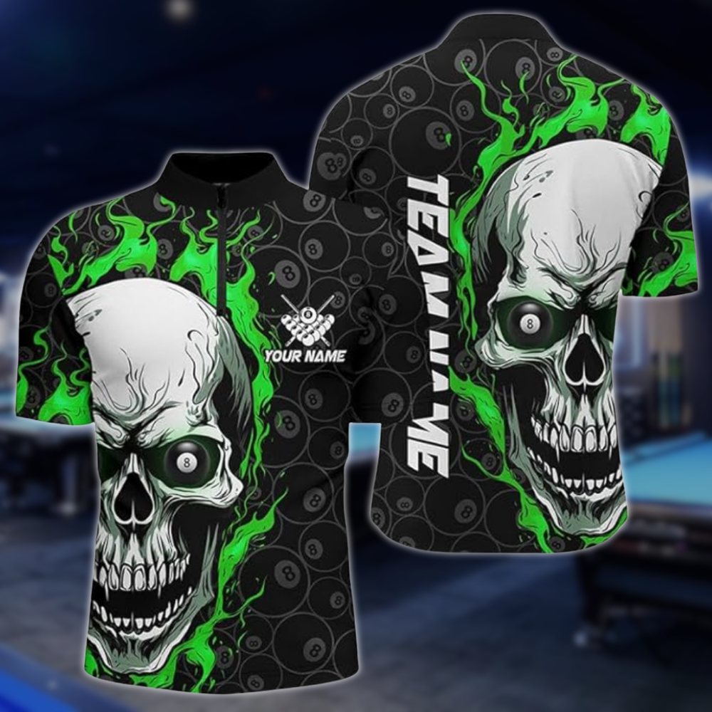 Custom Skull 8 Ball Billiard Men Jersey, Custom Skull Green Flame Billiard Team Shirts BLD0264