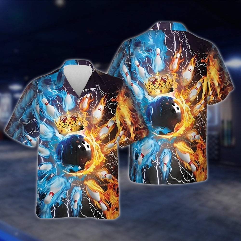 King Ball Flame Blue Orange Bowling Hawaiian Shirt, Flame Bowling Shirts BZ0140 BOW0288