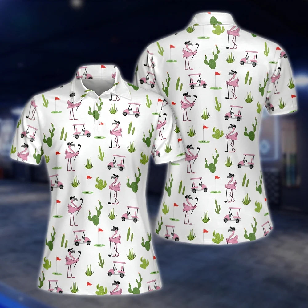Womens Flamingo Cactus Golf Polo Shirts, Flamingo Golf Shirts Women GOF0282