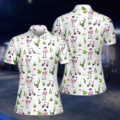 Womens Flamingo Cactus Golf Polo Shirts, Flamingo Golf Shirts Women GOF0282
