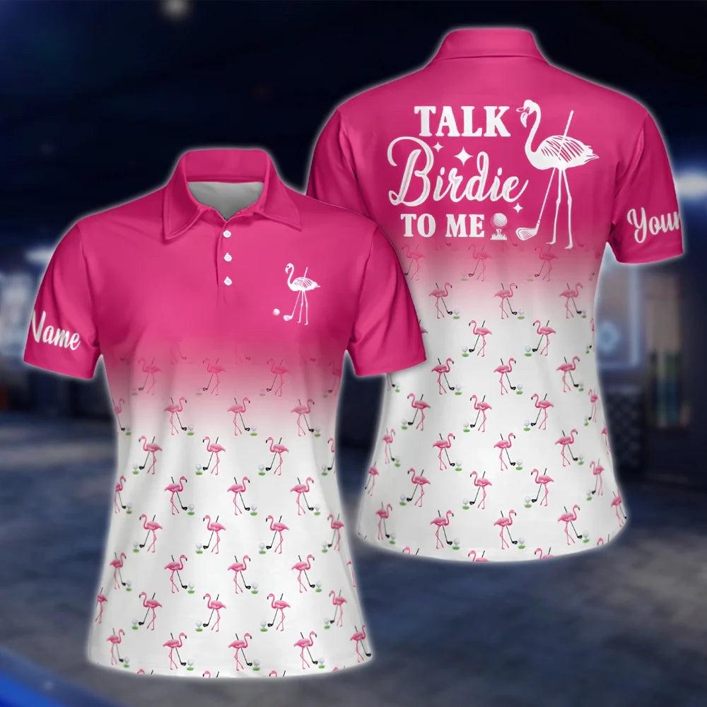 Talk Birdie To Men Custom White Pink Flamingo Golf Polo Shirts, Custom Funny Flamingo Golf Shirts For Women GOF0271