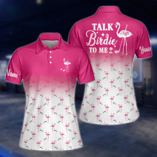 Talk Birdie To Men Custom White Pink Flamingo Golf Polo Shirts, Custom Funny Flamingo Golf Shirts For Women GOF0271