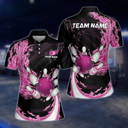 Women's Custom Pink Flame Bowling Polo Shirt, Custom Flame Bowling Team Shirts For Ladies BW0139 BOW0242