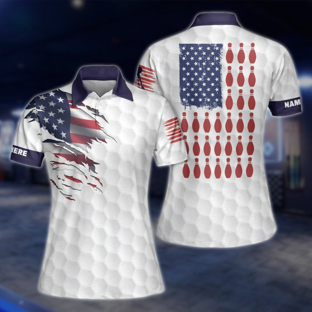 Custom White American Flag Women Bowling Polo Shirt, Custom Name Patriotic Bowling Shirt For Ladies BW0154 BOW0250