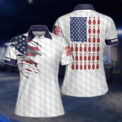 Custom White American Flag Women Bowling Polo Shirt, Custom Name Patriotic Bowling Shirt For Ladies BW0154 BOW0250