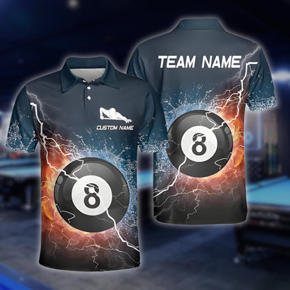 Custom Flame Thunder 8 Ball Billiard Men Polo Shirts, Custom 8 Ball Billiard Team Shirts BLD0096