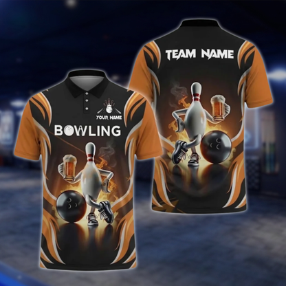 Pins And Beer Custom Mens Bowling Polo Shirt, Custom Beer Bowling Polo Shirts BZ0478 BOW0410