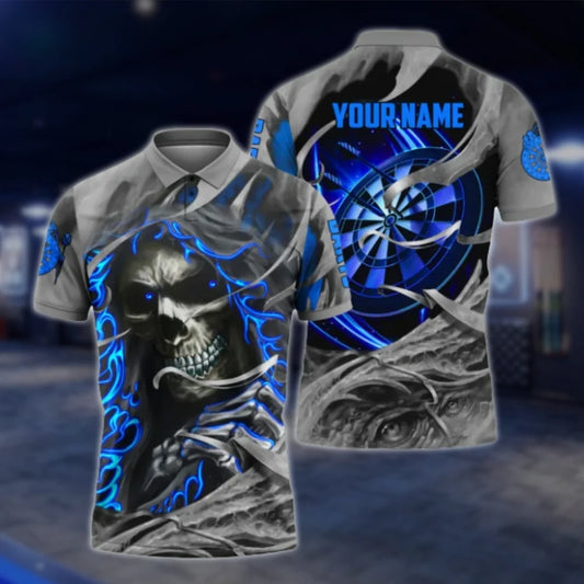 Custom Skeketon Blue Lightning Men's Dart Polo Shirt, Custom Skull Dart Shirts DAT0298