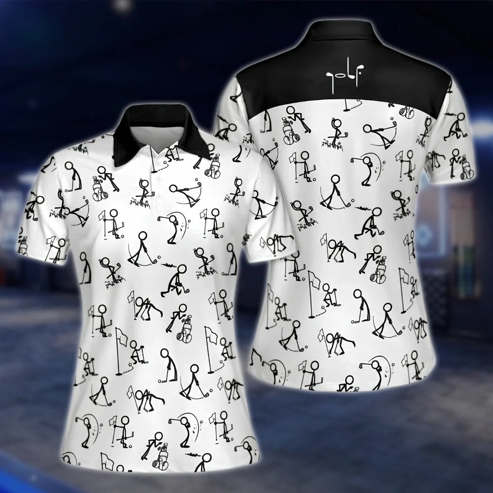 Stickfigures Funny White Black Golf Polo Shirts Women, Womens Funny Golf Shirts GOF0290
