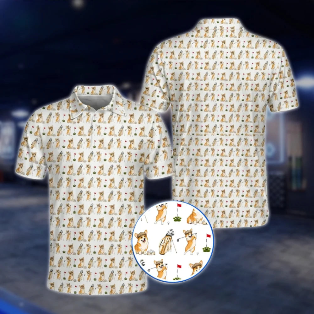 Corgi Playing Golf Men's Golf Polo Shirt, Corgi Lover Golf Shirts GOF0035