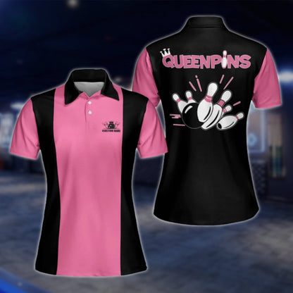 Queenpins Custom Name Black Pink Bowling Polo Shirt, Custom Funny Womens Bowling Shirts BW0050 BOW0234