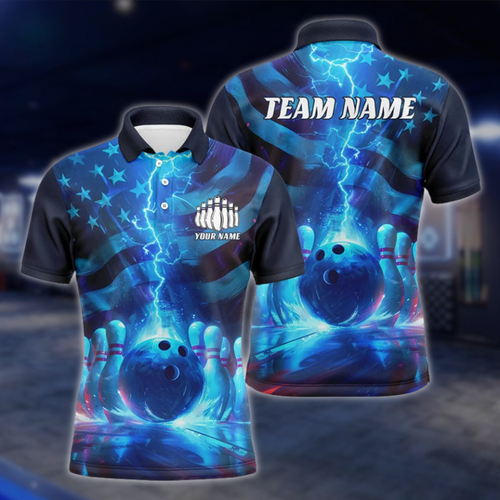 Personalized Thunder Lightning American Flag Bowling Polo Shirt For Men, Custom Patriotic Bowling Team Shirts BZ0765 BOW0155