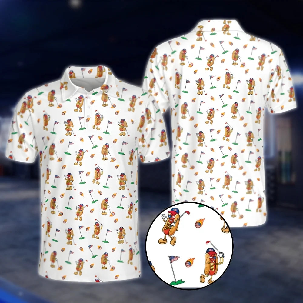 Mens Funny Hot Dog White Golf Polo Shirts, Hot Dog Golf Shirts GOF0231