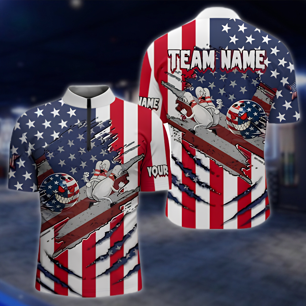 Personalized USA Flag Funny Pins And Ball Bowling Jersey, Men's Custom Patirotic Bowling Team Shirt BZ0900 BOW0043