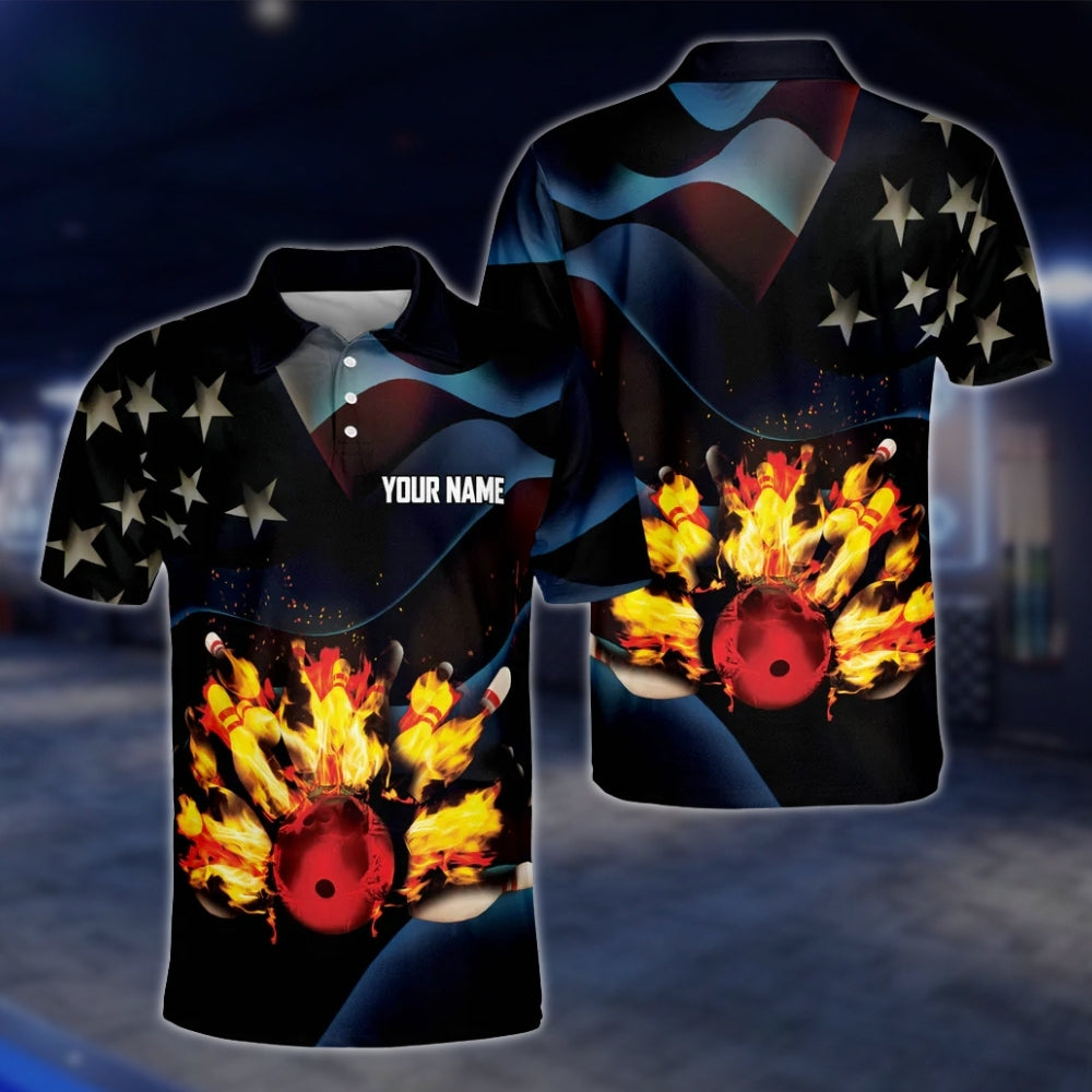 Custom USA Flag Flame Bowling Polo Shirt For Mens, Custom Name Patriotic Bowling Shirts BO0085 BOW0189