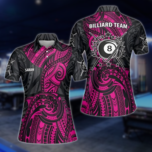 Pink Tribal Custom 8 Ball Billiard Polo Shirt Women, Custom Tribal Billiard Team Shirts For Ladies BLD0175