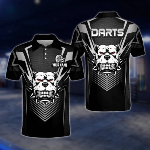 Custom Bulldog Black Mens Dart Polo Shirt, Custom Dog Team Dart Shirts DAT0272