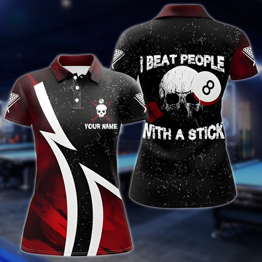 I Beat People With A Stick Custom Black And Red Skull Billiard Polo Shirt Women, Custom Funny Billiard Team Shirt For Ladies BLD0244
