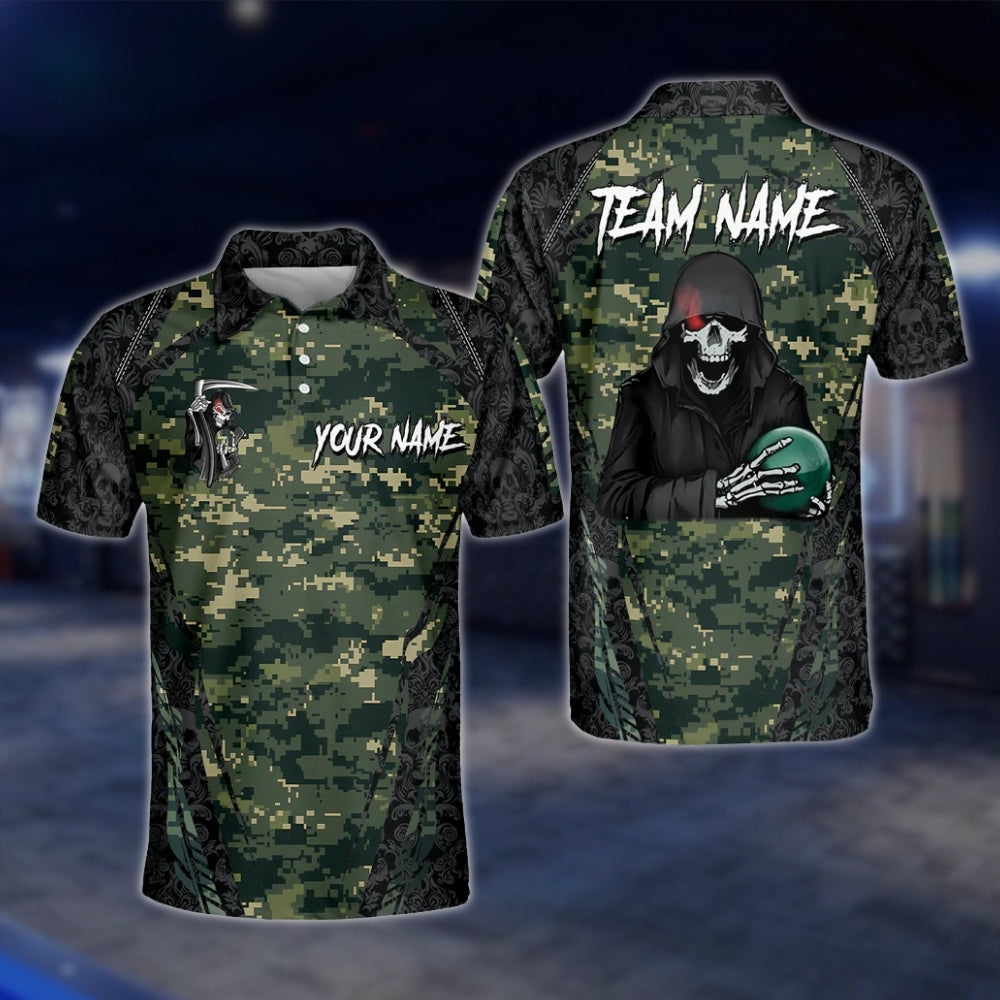 Custom Skeleton Camo Bowling Mens Polo Shirt, Custom Skull Bowling Shirts For Team BO0334 BOW0192
