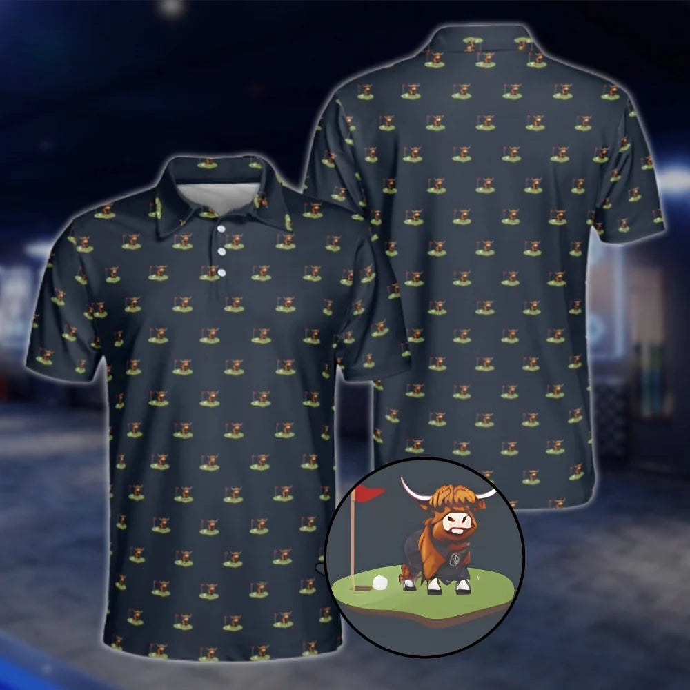 Mens Highland Cow Golf Polo Shirts, Higland Cow Golf Shirts GOF0258