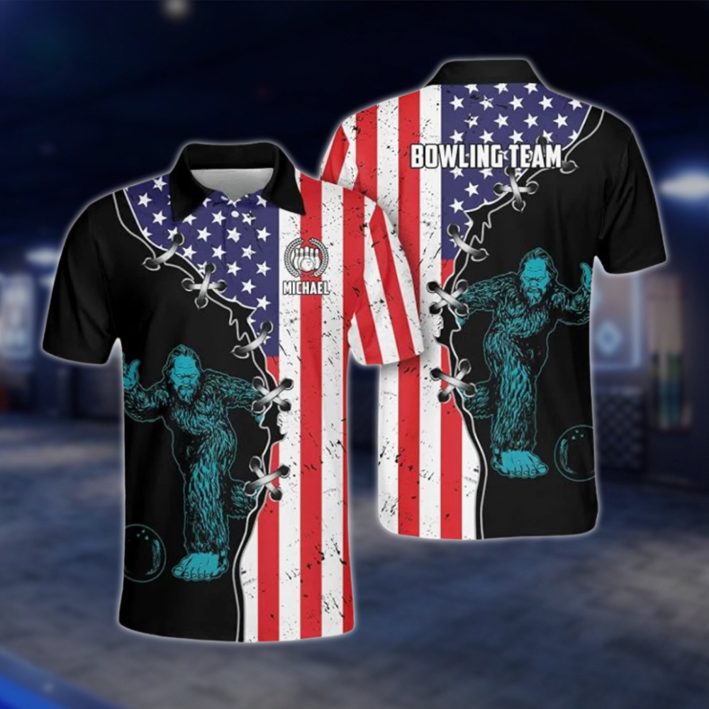 Personalized Bigfoot USA Flag Men's Bowling Polo Shirt, Custom Sasquatch Bowling Shirt For Team BZ0784 BOW0123