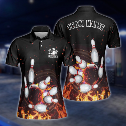Personalized Womens Flame Bowling Polo Shirt, Custom Flame Bowling Team Shirts Ladies BZ0744 BOW0175
