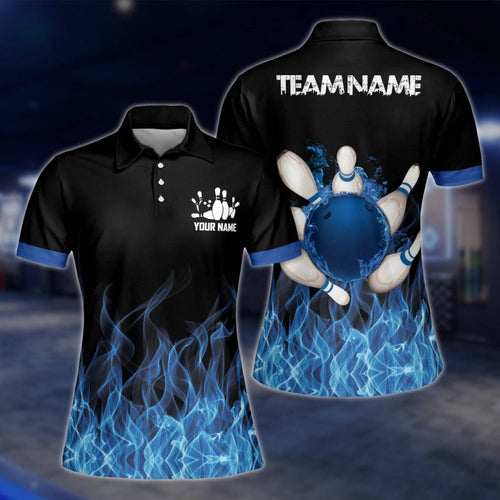 Blue Flame Custom Womens Bowling Polo Shirt, Custom Flame Bowling Team Shirts For Ladies BW0153 BOW0216