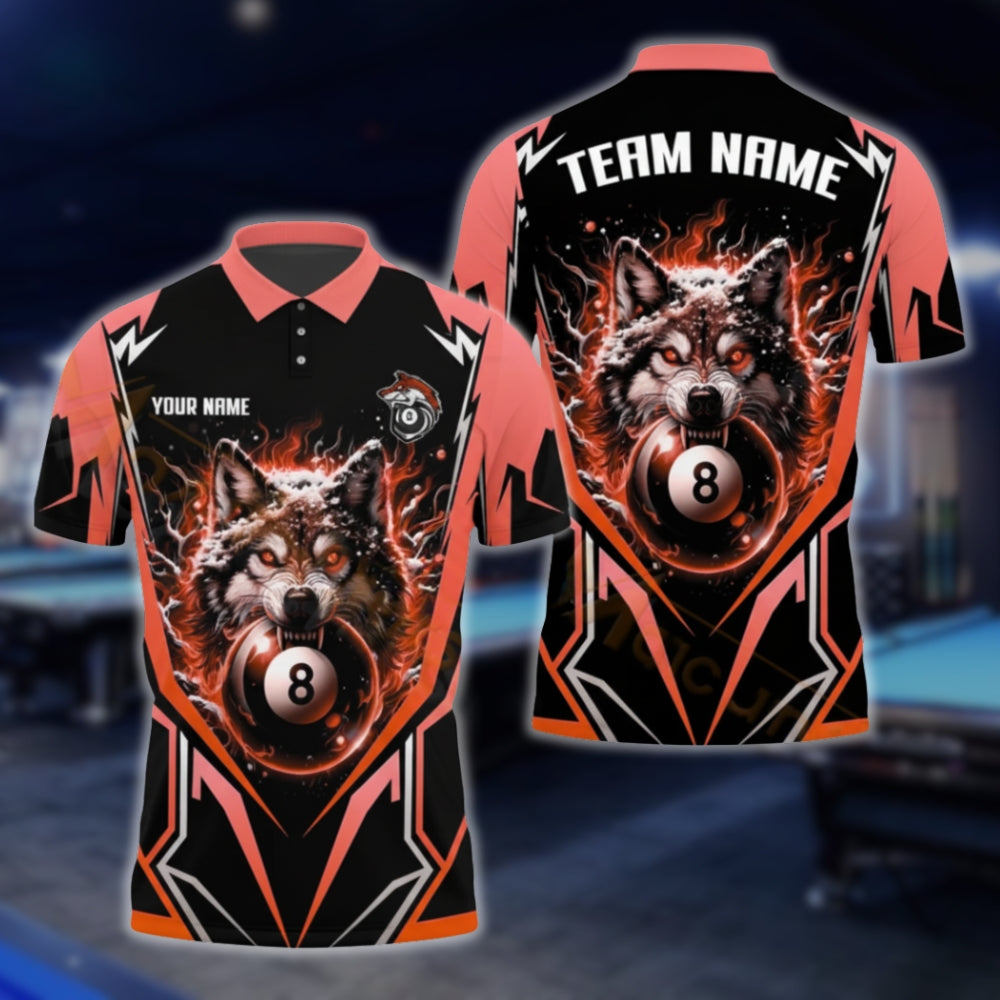 Custom Wolf 8 Ball Black And Red Billiard Polo Shirt Mens, Custom Wolf Billiard Team Shirts BLD0057