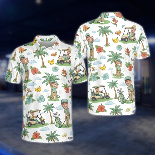 Custom Face Tropical Golf Polo Shirts For Men, Custom Photo Funny Golf Shirts GOF0228
