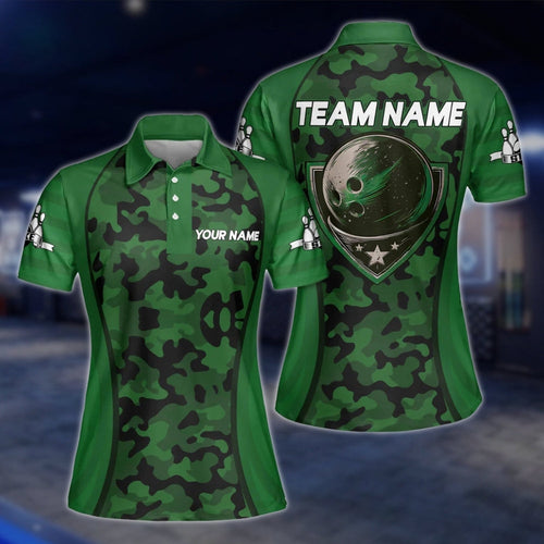 Women's Custom Green Camo Bowling Polo Shirts, Custom Camouflage Bowling Team Shirts For Ladies BZ0193 BOW0218
