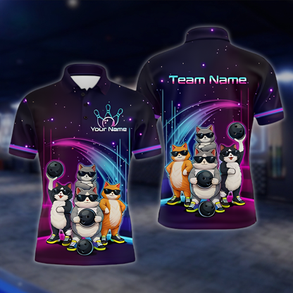 Personalized Funny Cat Bowling Polo Shirt For Men, Custom Cat Bowling Shirt For Team BZ0911 BOW0025