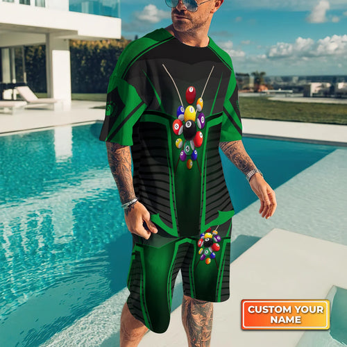 Green Billiard Balls Custom Name 3D Short Sleeve T-Shirt Men's Board Shorts ORN0278