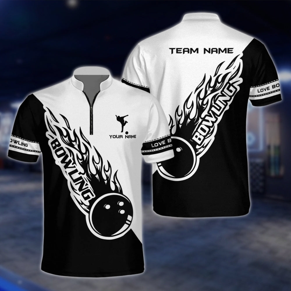 Flaming Balll Black And White Custom Bowling Mens Jersey, Custom Flame Bowling Team Shirts BZ0083 BOW0464