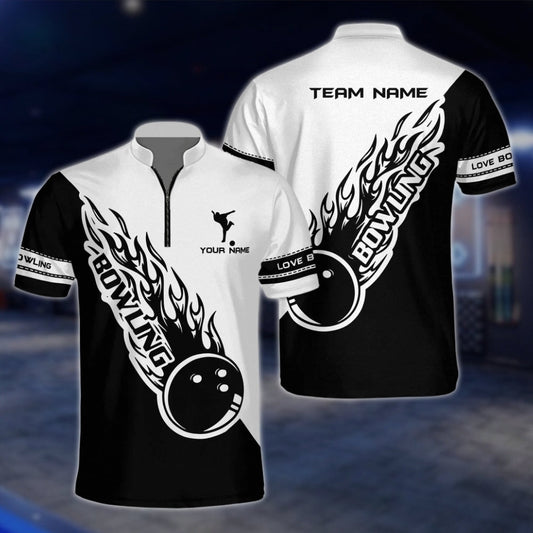 Flaming Balll Black And White Custom Bowling Mens Jersey, Custom Flame Bowling Team Shirts BZ0083 BOW0464