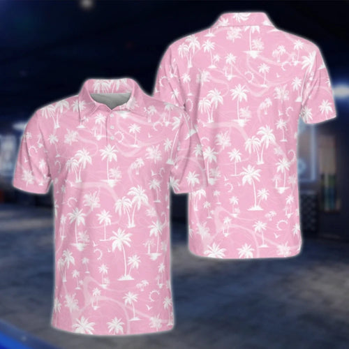 Pink Tropical Mens Golf Polo Shirt, Tropical Golf Shirt Men GOF0150