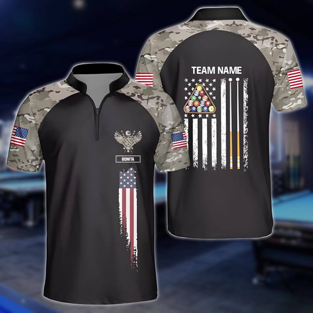 Custom USA Flag Camouflage Billiard Jersey For Men, Custom Camo Patriotic Billiard Team Shirts BLD0297