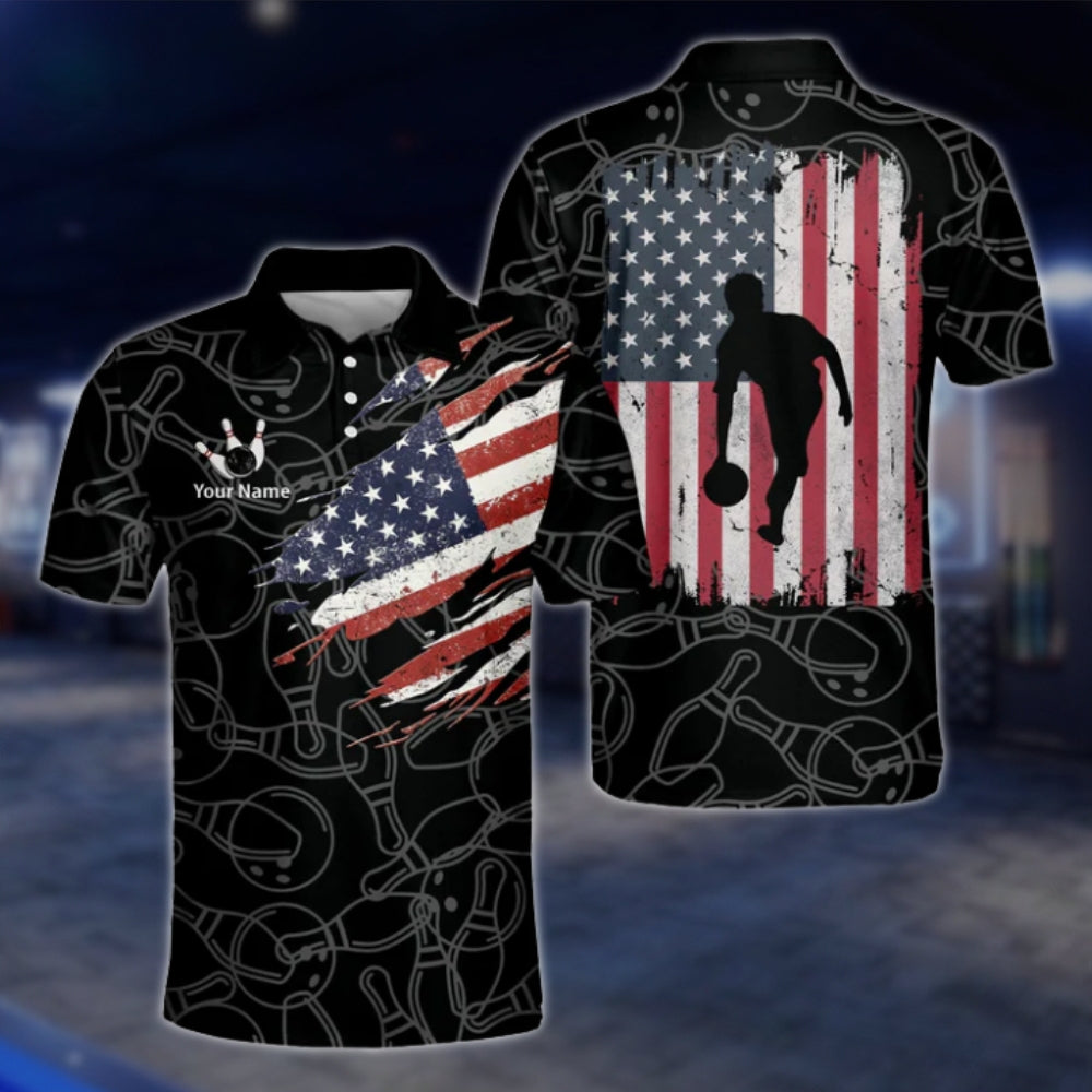 Custom American Flag Grunge Mens Black Bowling Polo Shirt, Custom Patriotic Bowling Team Shirts BM0323 BOW0439