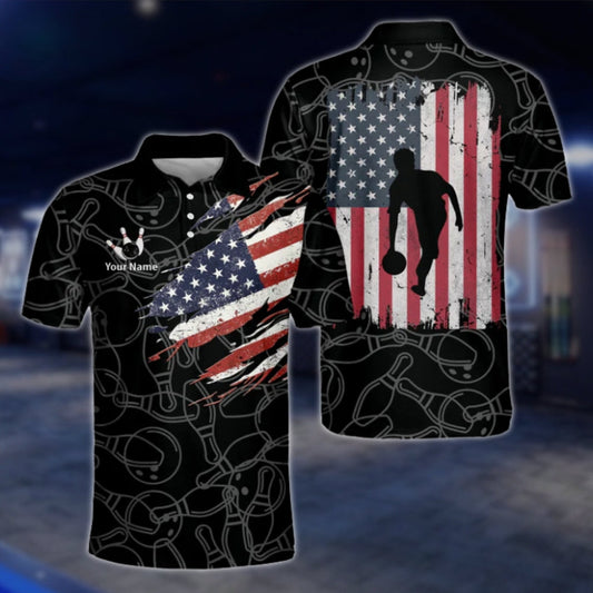 Custom American Flag Grunge Mens Black Bowling Polo Shirt, Custom Patriotic Bowling Team Shirts BM0323 BOW0439