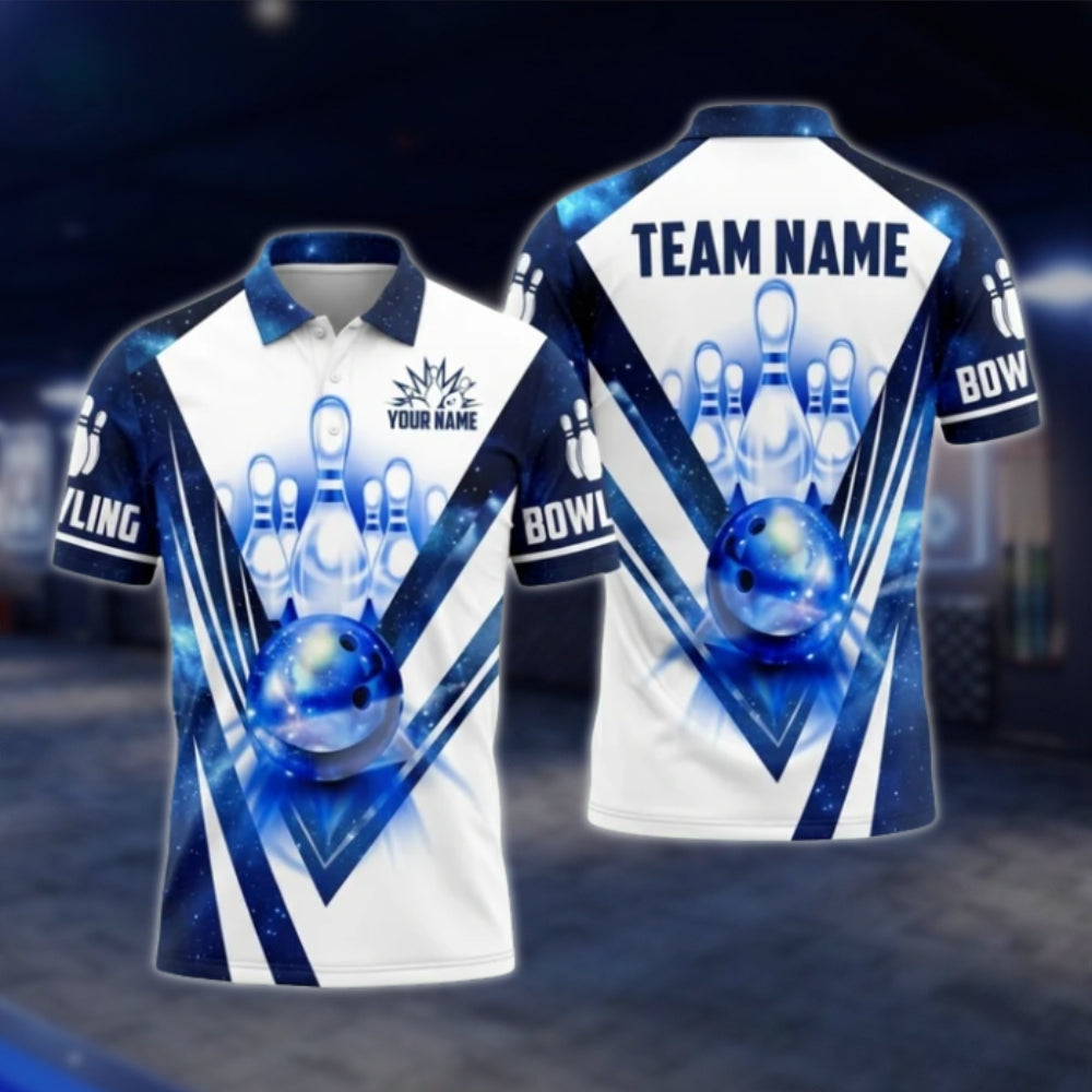 Custom Team Blue White Mens Bowling Polo Shirt, Custom Bowling Team Shirts BA0021 BOW0477