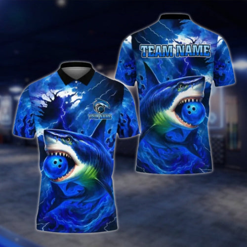 Custom Shark Blue Mens Bowling Polo Shirt, Custom Shark Team Bowling Shirts BE0111 BOW0388