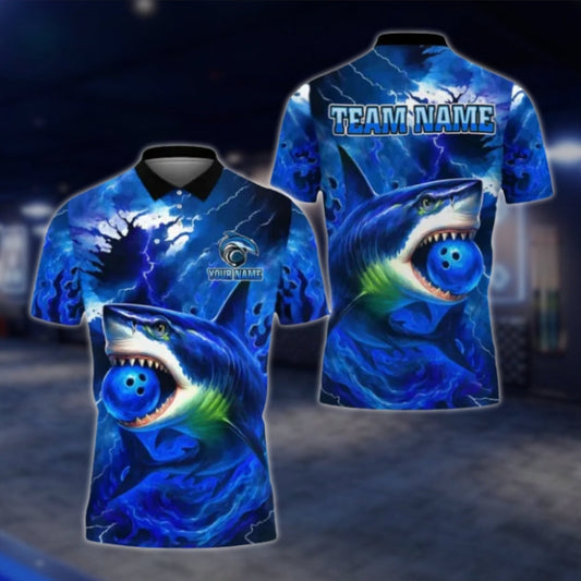 Custom Shark Blue Mens Bowling Polo Shirt, Custom Shark Team Bowling Shirts BE0111 BOW0388